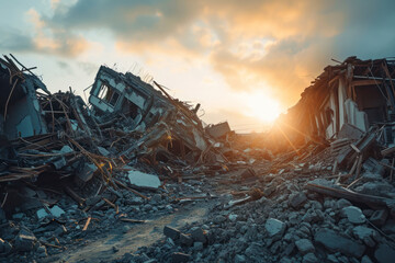 Earthquake aftermath, a dramatic image capturing the aftermath of an earthquake with collapsed buildings, debris, and rescue efforts. - obrazy, fototapety, plakaty