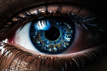 Poster human eye with an implant in the form of a computer digital board, concept of enhanced reality and digital eyesight of the future, information processing, artificial intelligence © soleg