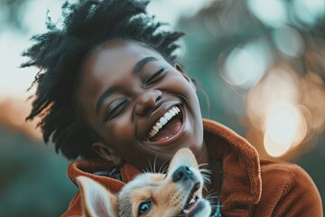 A joyful woman and her furry companion share a moment of pure happiness in the great outdoors, their laughter echoing through the serene landscape