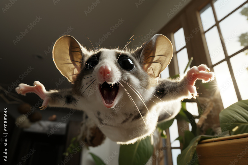 Poster a playful and mischievous sugar glider gliding from one branch to another, adding an element of exci