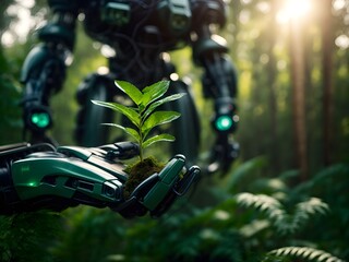 Roboter pflanzt eine kleine zierliche Pflanze
