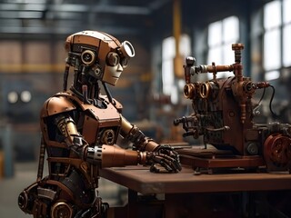 Steampunk Roboter in einer alten Fabrikhalle
