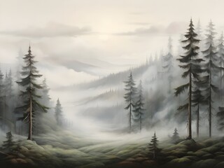 Illustration einer hügeligen Waldlandschaft mit Dunst und Nebel