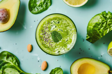editorial photo shoot of a green smoothie juice with herbs vegetables fruit spinach basil celery for healthy lifestyle diet low calorie breakfast juice cleanse natural sunlight - obrazy, fototapety, plakaty