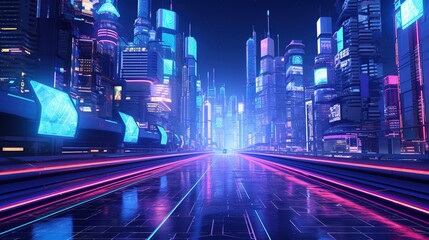 Futuristic city at night with neon lights, 3d rendering, Ai Generated