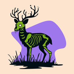 Flat vector illustration of zombie deer,deer skeleton in bright colors