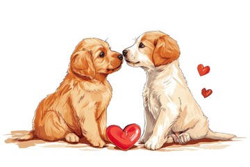 Two friendly dog breeds, a golden retriever and a puppy, share a heartwarming moment of connection as they gaze into each other's eyes in a charming cartoon sketch