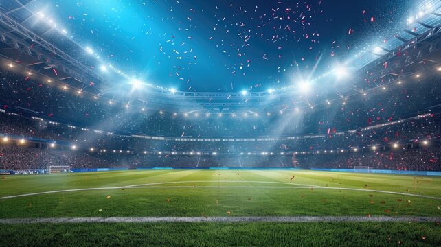 Fototapeta green soccer field under the glow of spotlights, the background of the winners