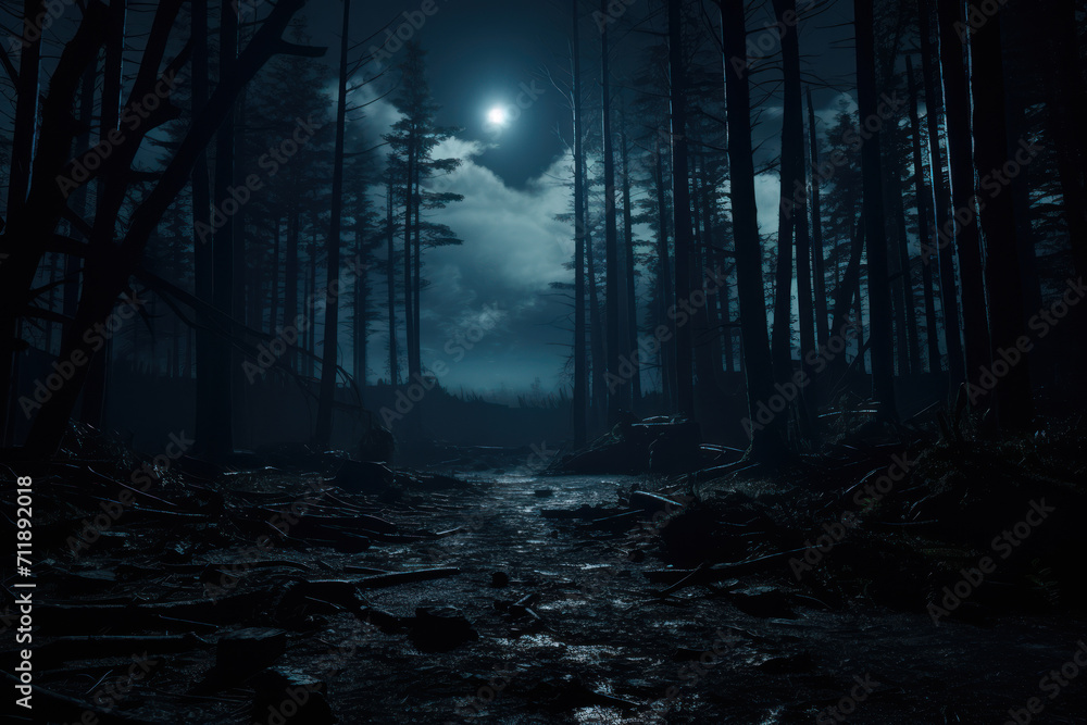 Poster a moonlit forest with shadows playing on the ground, creating an enchanting atmosphere for nighttime