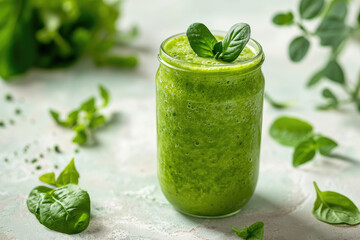 editorial photo shoot of a green smoothie juice with herbs vegetables fruit spinach basil celery for healthy lifestyle diet low calorie breakfast juice cleanse natural sunlight