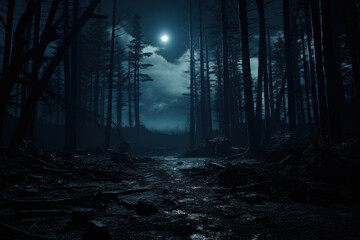 A moonlit forest with shadows playing on the ground, creating an enchanting atmosphere for nighttime exploration. Concept of nocturnal wonder. Generative Ai.