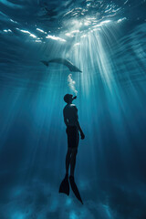 Underwater photo of freediver ascending to sea surface. Dolphin swimming above diver.