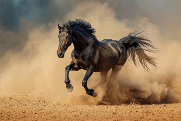 Black horse run gallop in dust desert