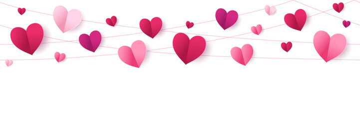 Pink hearts seamless decoration. Valentine's day frame, border. Wedding string ornaments isolated on transparent background. Mother's day garland. For banners, party posters. Vector. - obrazy, fototapety, plakaty