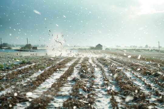 Hailstorm aftermath, a visually striking image capturing the aftermath of a hailstorm with damaged crops, shattered glass.