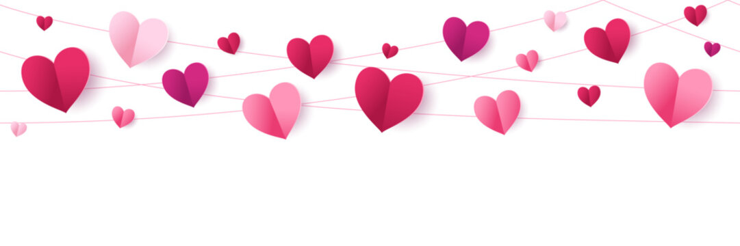Pink hearts seamless decoration. Valentine's day frame, border. Wedding string ornaments isolated on transparent background. Mother's day garland. For banners, party posters. Vector.