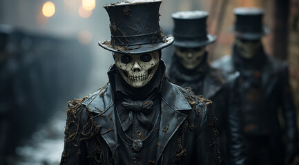 Creepy creatures with skeleton masks in intricate costumes and top hats against the blurry background of a gloomy alley - obrazy, fototapety, plakaty