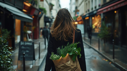 A beautiful girl with long hair walks along a spring shopping street with purchases in a large rag bag filled with greens and baguettes