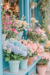 Fototapeta na wymiar The exterior of a charming florist's shop is adorned with an array of colorful potted flowers, showcasing nature's palette in a cozy urban setting..