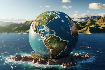 Planet Earth on the ocean, 3D render, Ai Generated - obrazy, fototapety, plakaty