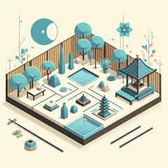 Fototapeta na wymiar Isometric illustration of a stylized Asian garden with pagoda, ponds, and blue trees in a serene setting