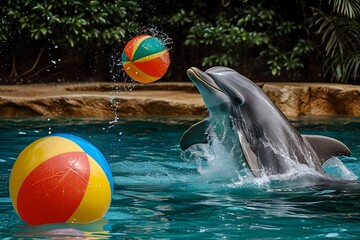 dolphin playing with beach ball in pool