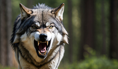 Close-up portrait of a wolf in aggression, fangs exposed in a menacing display. Wolf in the woods. - obrazy, fototapety, plakaty