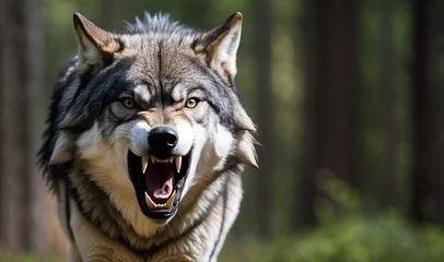 Fotobehang Close-up portrait of a wolf in aggression, fangs exposed in a menacing display. Wolf in the woods. © Gaston