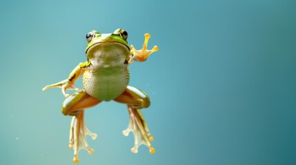 Green frog on the pastel background. 29 february leap year day concept