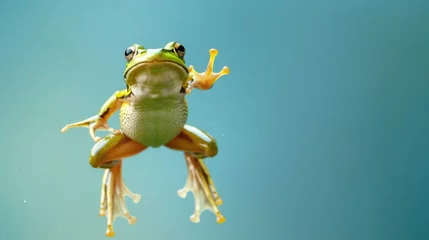 Foto op Plexiglas Green frog on the pastel background. 29 february leap year day concept © netrun78