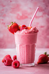 editorial photo shoot of a red pink smoothie juice with strawberry raspberry fruit milkshake for...