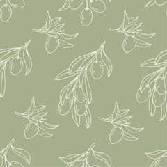 Seamless pattern with olive branches, leaves and berries.Vector graphics.