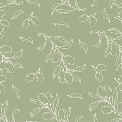 Seamless pattern with olive branches, leaves and berries.Vector graphics.