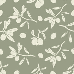 Seamless pattern with olive branches, leaves and berries.Vector graphics.