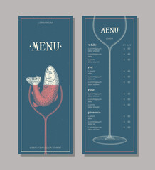 Seafood restaurant menu design. Wine list, engraving style. Fish in wine glass,  vector brochure template