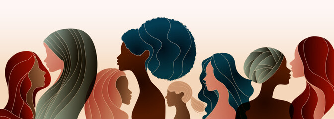 Group silhouette of multicultural women. International women's day. Diversity - inclusion - equality or empowerment concept. Anti racism or stop discrimination. Banner copy space