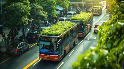 A city bus embellished with lush green plants cruises the streets, showcasing an innovative blend of public transportation and green living to reduce carbon footprint.. - obrazy, fototapety, plakaty