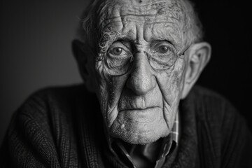A wise, weathered man gazes thoughtfully through his spectacles, his wrinkled skin telling a story of a long and well-lived life, captured in stunning monochrome