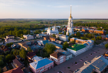 Aerial panoramic view of Resurrection Cathedral on bank of Teza River in Russian city of Shuya, Ivanovo oblast.. - obrazy, fototapety, plakaty