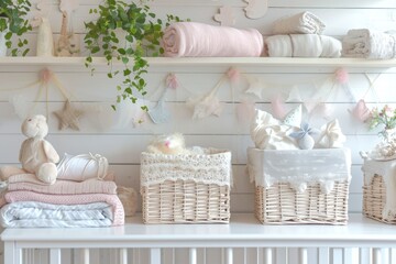 A well-organized nursery shelf adorned with plush toys, knitwear, and delicate baby accessories in a gentle color palette