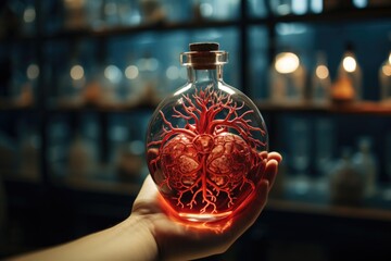 Anatomical heart in preservative fluid, scientific research setting. - obrazy, fototapety, plakaty