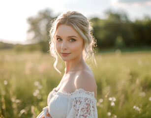 Fototapeta na wymiar Pretty blonde woman with blue eyes in a daisy field, summer wedding photography
