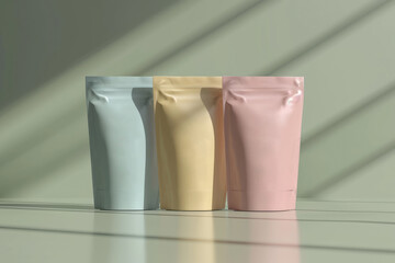 An array of branded coffee or tea packaging bags in pastel colors, perfectly lined up against a shadowed background..