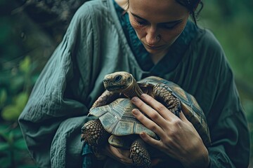 A serene woman gently embraces a tortoise, basking in the beauty of nature's gentle scaled reptile - obrazy, fototapety, plakaty