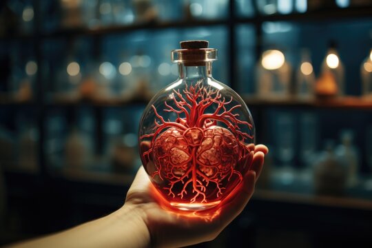 Anatomical heart in preservative fluid, scientific research setting.