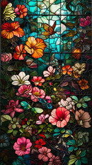 Fototapeta na wymiar A lush and vibrant floral display on stained glass window, dark colours