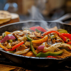 Prompt Fajitas, sizzling and colorful, with peppers and onions, no fancy setup, evening light.--v6.0 Generative AI