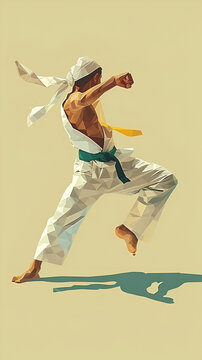 Capoeira fighter with green and yellow belt, isometric style, geometrical design, cubism