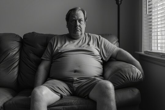 A pensive and overweight senior man sitting alone in his room, with a thoughtful expression on his face, reflecting the challenges of aging.