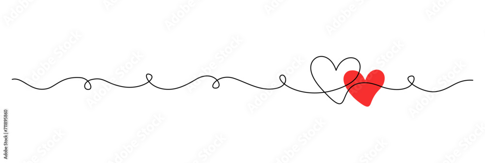 Poster one continuous drawing of two hearts with red color love sign. thin flourish border and romantic sym
